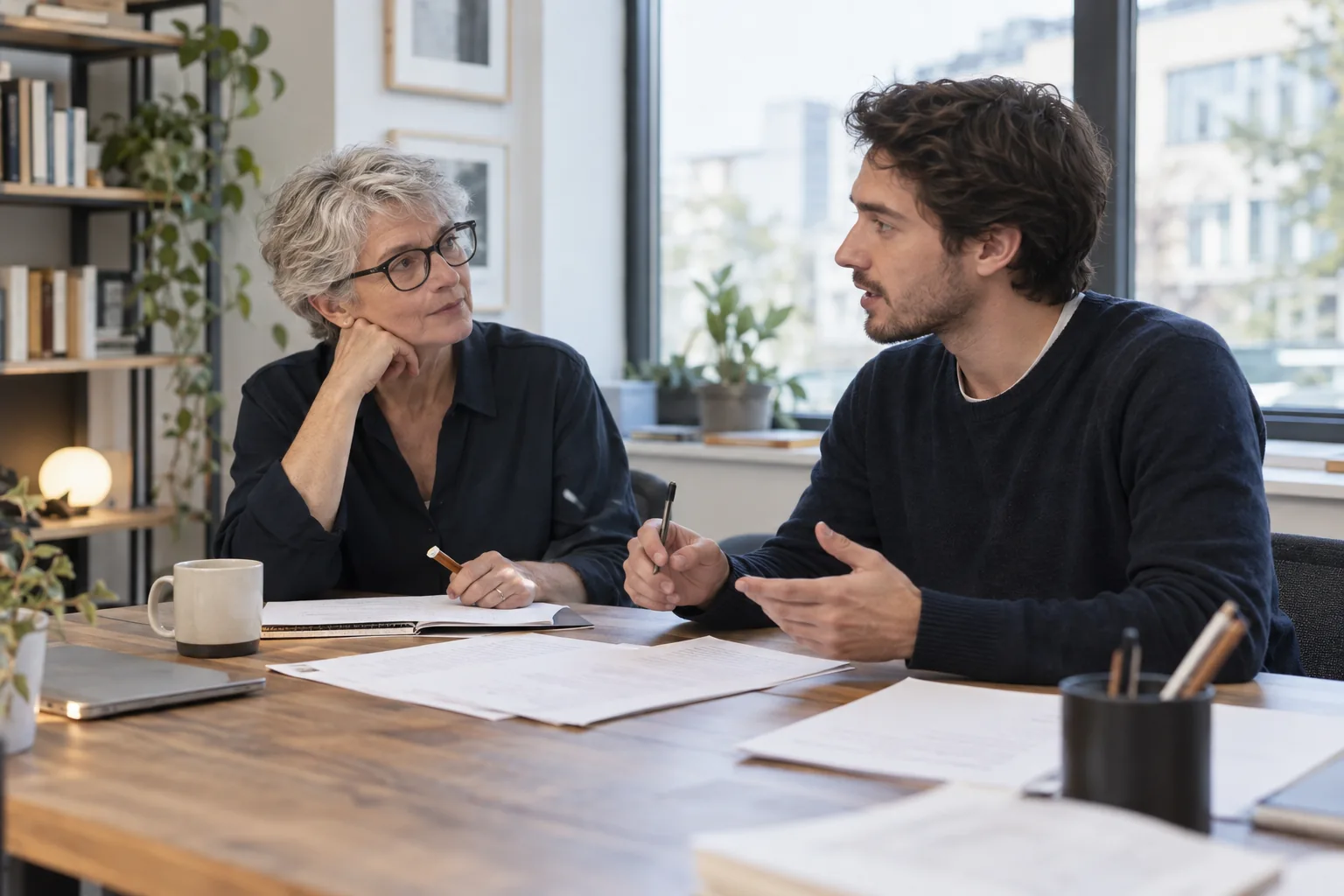 Deux personnes discutent d’un scénario autour de documents annotés.