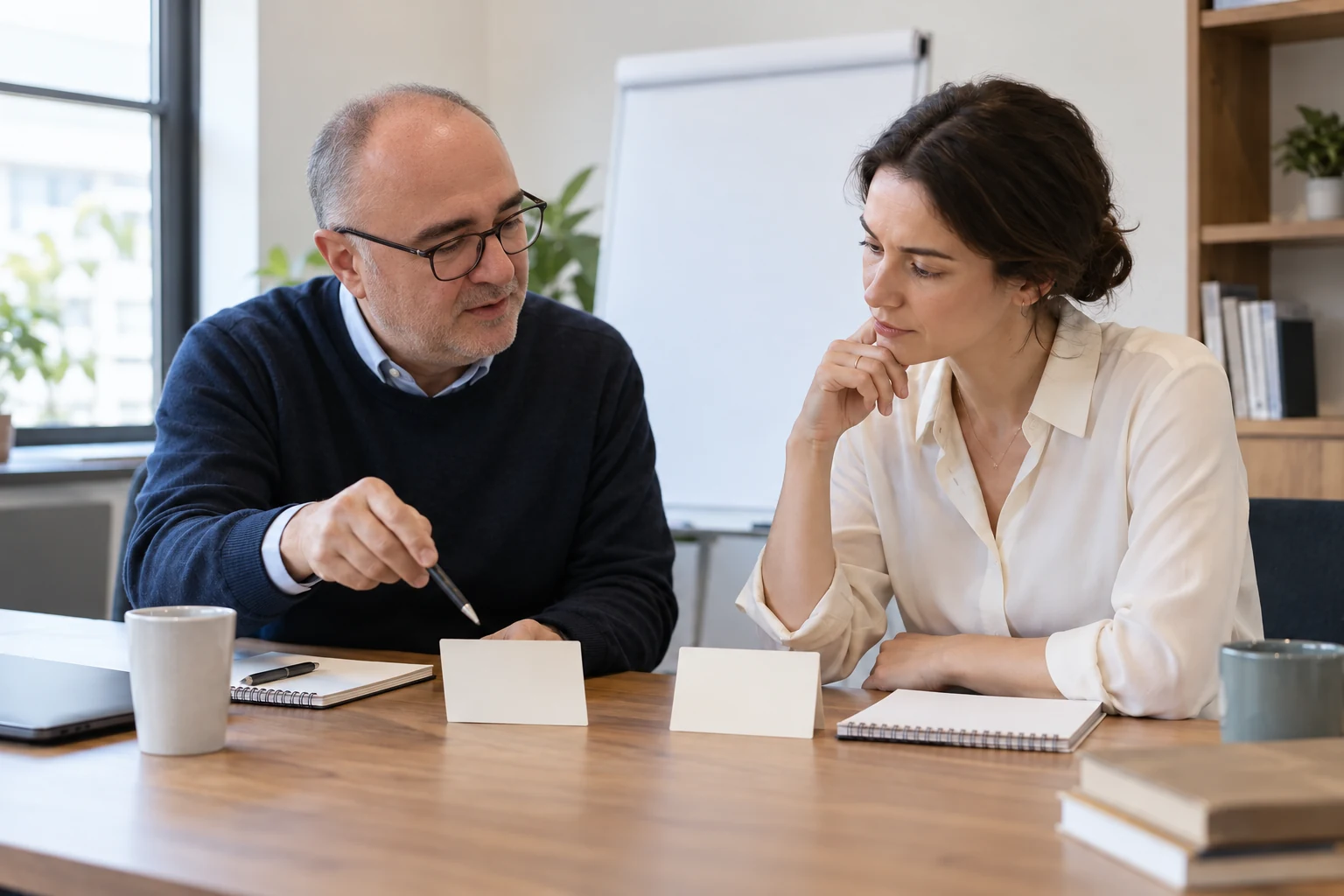 Illustration de Bruno Bachot préparant des fiches de mise en situation avec une participante fictive.